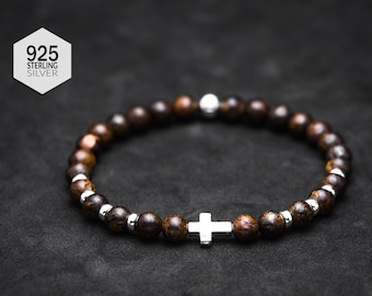 Beautiful Bronzite 925 Silver Cross Bracelet | Gift For Him | Gift For Her | Customisable Bracelet | Unique Bracelet | 925 Sterling Silver