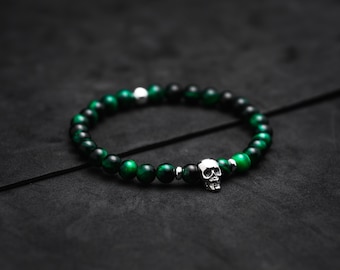 Cadeau de bracelet de crâne d’oeil de tigre vert pour lui | Bracelet de guérison | Bracelet Chakra | Cadeau pour elle | Bracelet chance | Bracelet gothique | Cadeaux