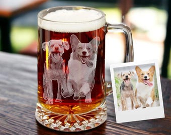 Etched Pet Portrait Beer Stein - Personalized Engraved Pet Photo 25 oz. Beer Glass with Handle, Gifts for Pet Loss
