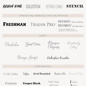 a collection of various font options, including Brush King, Goldstick, Ostrich Sans, Stencil, Freshman, Trajan Pro, Darlington, Great Vibes, Monograph Calligraphy, and many others. These fonts are available for use in different contexts, such as uppercase and lowercase letters, scripts, and other design elements.