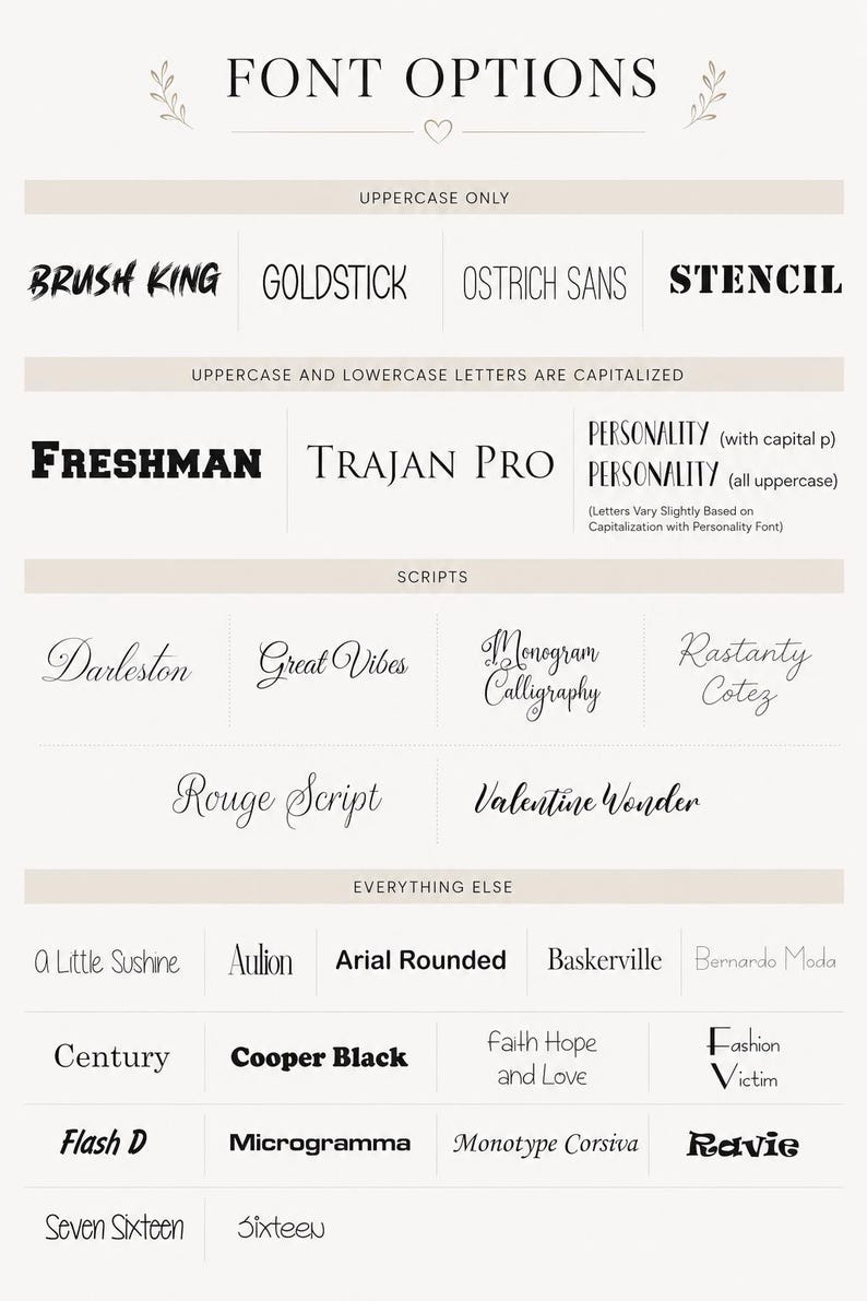 a collection of various font options, including Brush King, Goldstick, Ostrich Sans, Stencil, Freshman, Trajan Pro, Darlington, Great Vibes, Monograph Calligraphy, and many others. These fonts are available for use in different contexts, such as uppercase and lowercase letters, scripts, and other design elements.