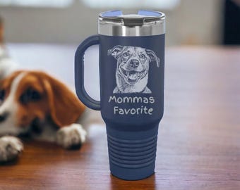 Custom Engraved Dog Photo Tumbler 40oz with Handle – Personalized Christmas Gift for Pet Parents or Dog Mom