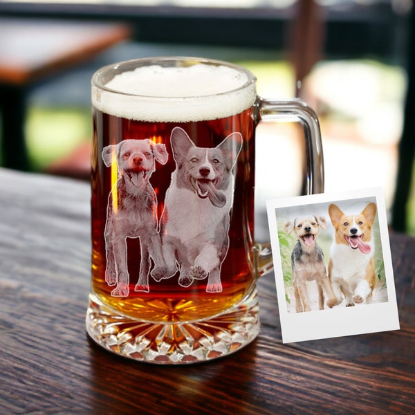Etched Pet Portrait Beer Stein - Personalized Engraved Pet Photo 25 oz. Beer Glass with Handle, Gifts for Pet Loss
