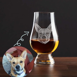 May include: A clear whiskey glass with a dog portrait etched on the front, filled with amber liquid. The glass sits on a wooden surface against a dark background. A photo of a dog is in the lower left corner.