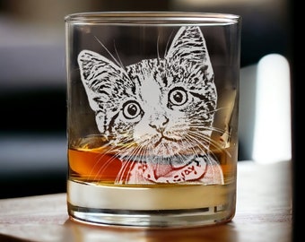 Etched Cat Photo Whiskey Glass| Personalized Feline Glass | Cat Drinkware | Gift for Cat Lovers, cat lover, cat fans, kitty, kitten glass