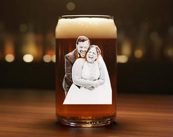 Personalized Photo Etched Glass – Custom Engagement Gift for Couples, Wedding Planning Coffee or Beer Can Glass