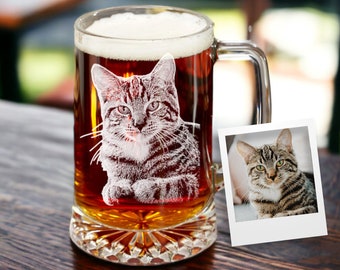 Personalized Gift for Cat Lovers - Custom Engraved Pet Photo 25 oz. Beer Glass with Handle, Pet Memorial gift, Pet memorial items, Pet Loss