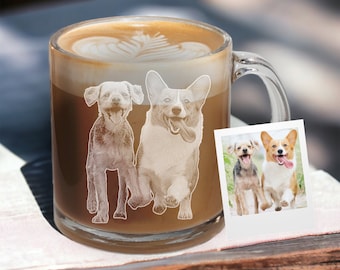 Engraved Pet Portrait Coffee Cup Glass, Custom Engraved Coffee Glass with Your Dogs Photo - Engraved Gift for Pet Lovers
