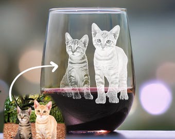 Personalized Cat Photo Wine Glass – Custom Engraved Feline Glassware, Unique Novelty Gift for Cat Mom, Memorial
