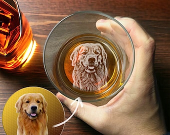 Customized Pet or Dog Photo Etching Whiskey Glass - Etch Your Dog on the Bottom of an Whisky Glass, Beautiful Barware Gift for Pet Parents