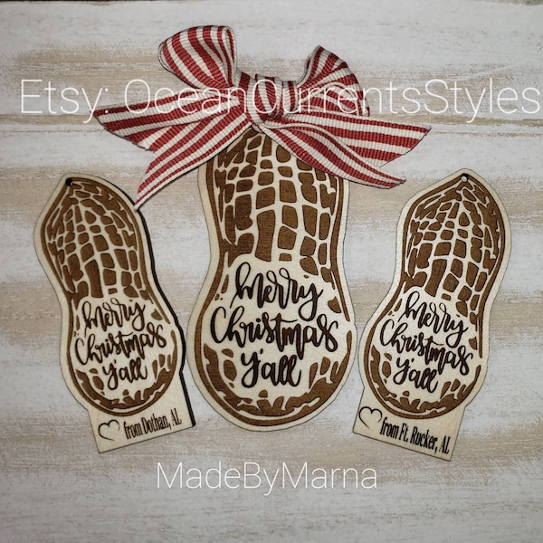 Wood Peanut Christmas Y'all Ornaments, Personalized, Southern Alabama with hook & ribbon