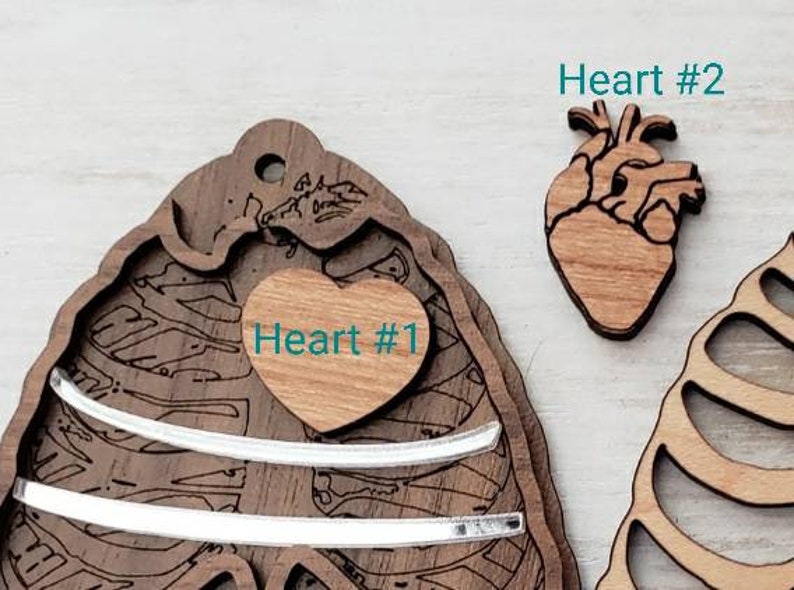 May include: Two wooden heart ornaments, one with a detailed anatomical design and the text "Heart #2", and the other with a simple heart shape and the text "Heart #1".