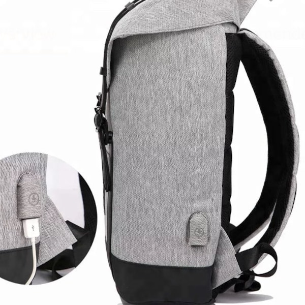 USB Backpack, grey, black, waterproof, laptop compartment, unisex, shoulder support backpack, chargeable backpack, carry-on backpack