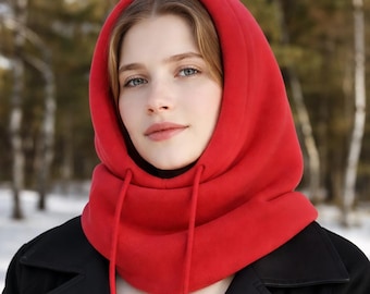 Bufanda tubular roja de forro polar, braga para el cuello, bufanda con capucha y cordones ajustables.