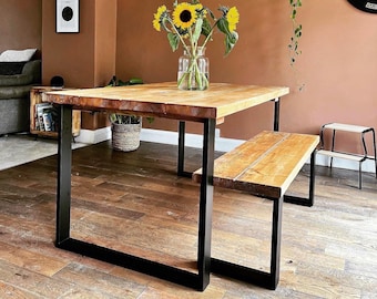 Reclaimed Wood Dining Table with Benches: Rustic Industrial Style