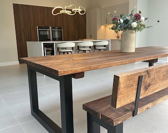Handmade Reclaimed Wood Dining Table with Benches: Rustic Industrial X-Leg