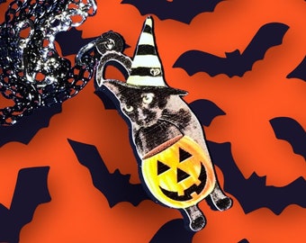 Black Cat Witch Pumpkin Halloween Necklace Trick or Treat