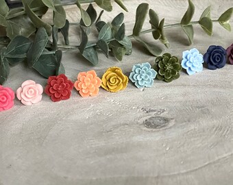 Floral Clay Stud Earring 12mm Navy/ Light Oink/ Pink/ Plum/White/ Gray/ Red/ Mustard/ Olive Green