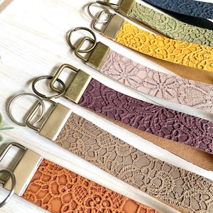 Embossed Faux Leather Key Fob Wristlets Leather keychain Plum Navy Olive Taupe Mint Mustard Cream Keyfob