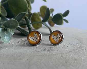 Mustard Heart with Black dots 10mm stud Earrings