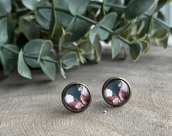 Charcoal Gray Blush Red Pink Floral 10mm stud Earrings