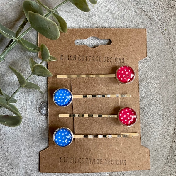 Red and Blue Star Bobby Pin Set// Bobby Pins// Antique Bronze Bobby Pin Set