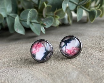 Pink Black Marble 10mm stud Earrings