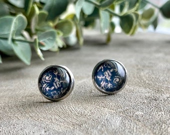 Dark Navy almost Black and Tan Floral 10mm stud Earrings