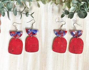 Red White Blue Acetate Red Cork backed Leather Earrings// Red Cork Memorial Day Earrings // Fourth of July earrings// 4th of July