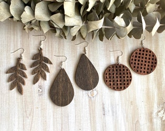 Wooden Teardrop, Basket Weave or Leaf Earrings in Dark Walnut