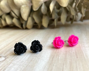 Black or Hot Pink 8mm Clay Floral Stud Earrings