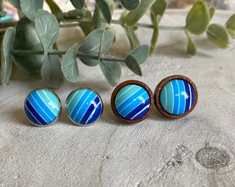 Blue Gradient Stripe 12 mm Stud Earrings// Stripe earrings// Gender neutral gifts// Blue Stripe Earrings wood earrings