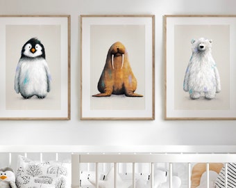 Arctic Polar Nursery Prints Set of 3 - Polar bear, Penguins & Walrus wall art for children's bedroom | Polar  nursery posters