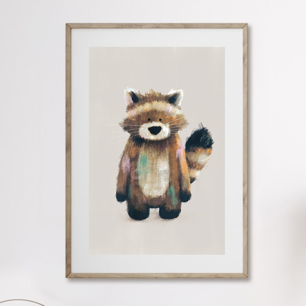 Ralphy the Racoon Children's Print (Neutral) - Cute Animal Print | Woodland Theme Nursery Print | Scandi Forrest Decor | Racoon Wall Art