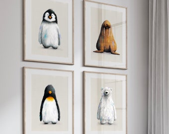 Arctic Polar Nursery Prints Set of 4 - Polar bear, Penguins & Walrus wall art for children's bedroom | Polar  nursery posters