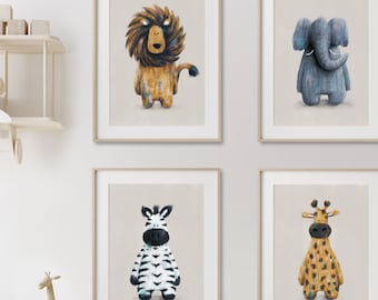 Safari Friends, lot de 4 - Rory, Zara, Raffi Evie Safari pour chambre d'enfant | Chambre d'enfant sur le thème Safari | Oeuvre d'art pour chambre d'enfant lion, zèbre, éléphant et girafe