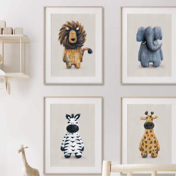 Safari Friends 4er Set - Rory, Zara, Raffi Evie Safari Kinderzimmer Prints | Safari Theme Kinderzimmer | Löwe Zebra Elefant & Giraffe Kinderzimmer Art