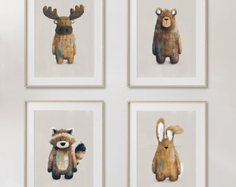 Neutral Woodland Nursery Prints Set of 4 - Racoon, Moose, Bear & Bunny | Baby Prints Set | Forest Theme Nursery | Kids Nursery Wall Art