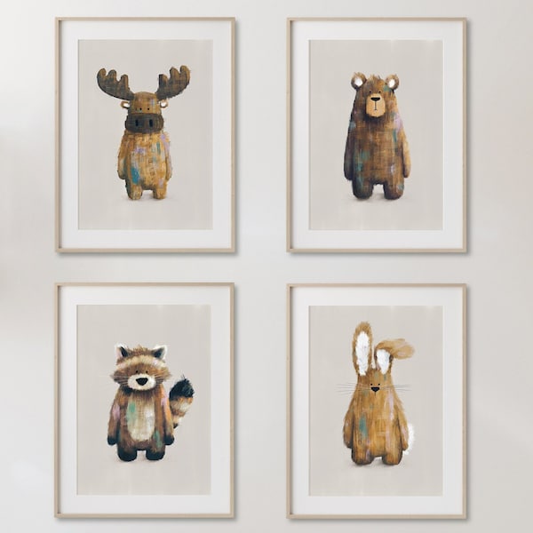 Neutral Woodland Nursery Prints Set of 4 - Racoon, Moose, Bear & Bunny | Baby Prints Set | Forest Theme Nursery | Kids Nursery Wall Art