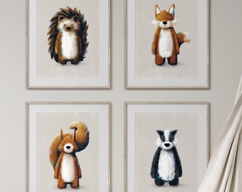 Woodland Nursery Prints Set of 4 - Neutral Fox, Badger, Squirrel & Hedgehog Woodland Wall Art Set  | Baby Woodland Nursery Prints