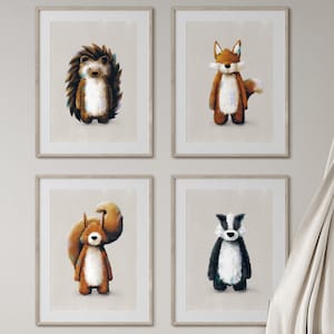 Woodland Nursery Prints Set of 4 - Neutral Fox, Badger, Squirrel & Hedgehog Woodland Wall Art Set  | Baby Woodland Nursery Prints