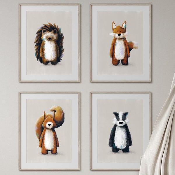 Woodland Nursery Prints Set of 4 - Neutral Fox, Badger, Squirrel & Hedgehog Woodland Wall Art Set  | Baby Woodland Nursery Prints