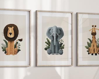 Safari nursery prints set of 3 - Lion, Elephant & Giraffe Prints | Safari Theme Art | Baby's safari decor for Safari nursery or bedroom