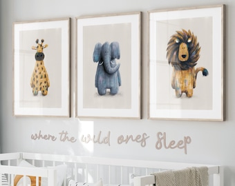 Safari Animals Set of 3 Neutral - Rory, Evie & Raffi Safari Nursery Prints | Safari Scandi Nursery | Lion Elephant Giraffe Nursery Wall Art