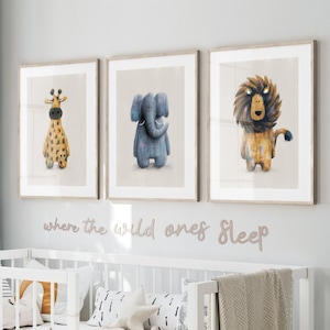 Safari Nursery Prints: Lion, Elephant, Giraffe Scandi Wall Art