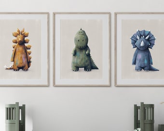 Dinosaur nursery prints set of three | T-Rex print | Stegosaurus Print | Triceratops Print | Children's dino wall art posters