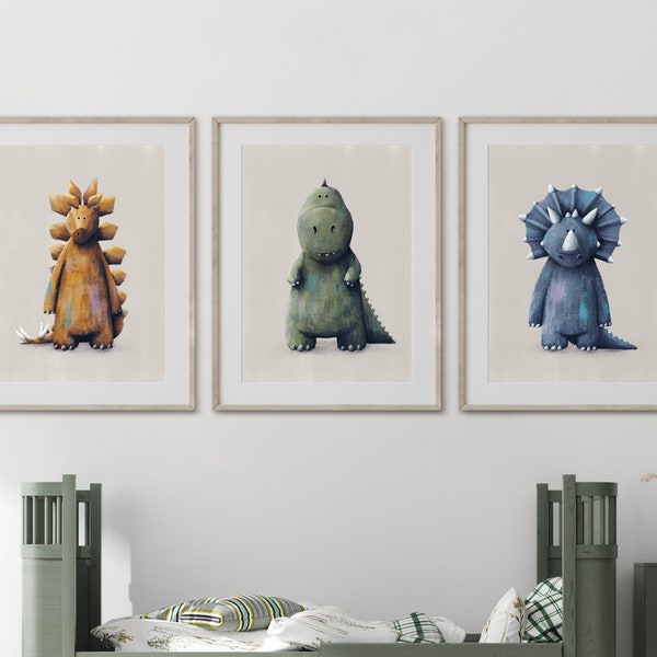 Dinosaurier Drucke Set von drei Kinder | T-Rex Druck | Stegosaurus Druck | Triceratops Druck | Kinder Dino Wand Kunst Poster