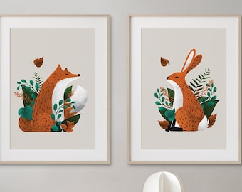 Scandi Woodland Nursery Prints - Fox & Hare Neutral Nursery Prints Set of Two | Woodland Wall Decor | Forrest Nursery Prints | Fox Wall-Art
