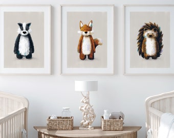 Forest Friends Nursery Prints Set of 3 (Neutral) - Woodland Nursery Wall Art | Woodland Theme Nursery Art | Fox Print | Hedgehog Poster