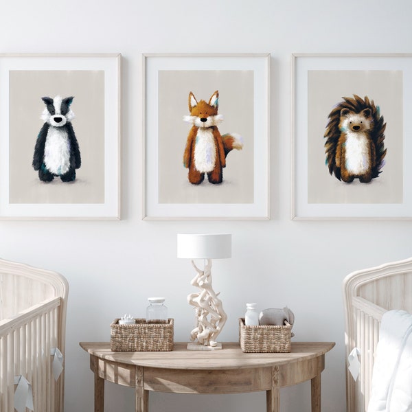 Forest Friends Nursery Prints Set of 3 (Neutral) - Woodland Nursery Wall Art | Woodland Theme Nursery Art | Fox Print | Hedgehog Poster